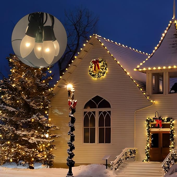 25 FT C9 Frosted Christmas Lights,Warm White Outdoor Christmas Lights with 26 Bulbs(1 Spare), C9/ E17 Base,Old Fashioned Christmas Lights for Roofline, Yard, Garden, Wedding Decorations