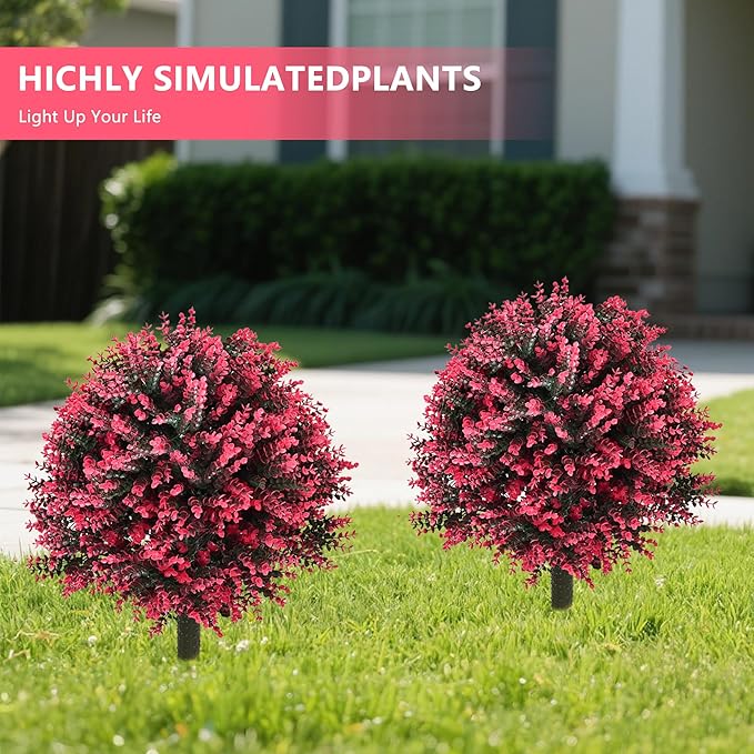 28" Set of 2 Artificial Boxwood Topiary Ball Bush for Outdoor with Ground Spike, UV Resistant Faux Greenery Shrubs, Fake Rose&Green Boxwood Plants for Garden, Yard, Porch, Patio Decor