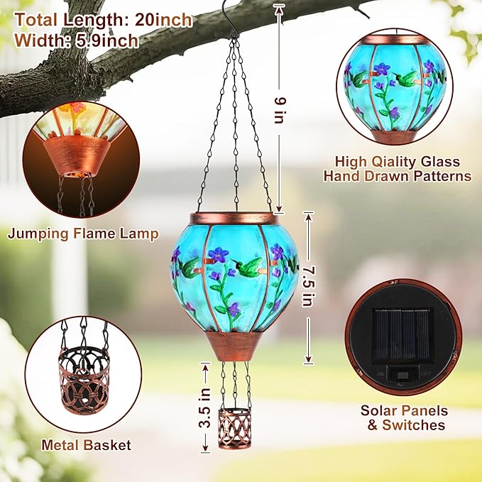 Hummingbird Solar Hot Air Balloon Lantern,Outdoor Decor with Flame Lights Waterproof, Hanging for Garden Yard Lawn Patio, Unique Gifts for Women Mom Grandma Gardener for Mother'Day Christmas