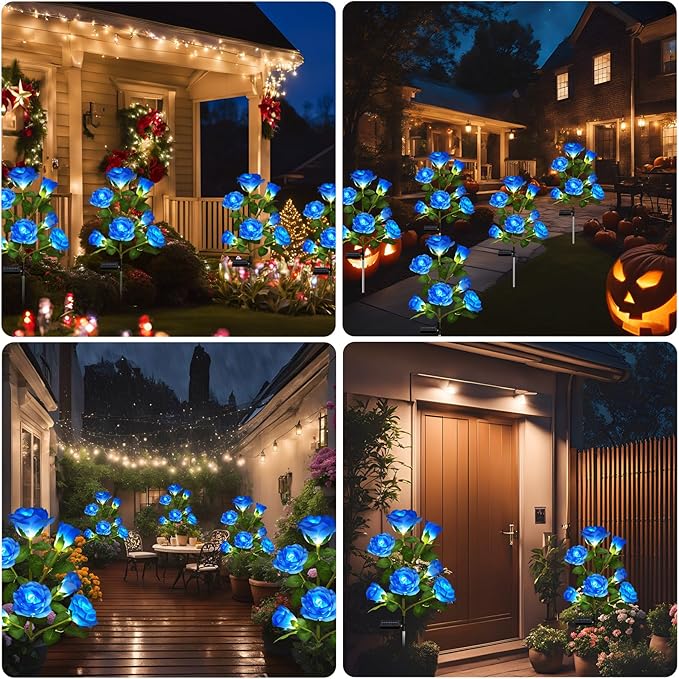 1 Pack Solar Garden Lights Outdoor, 7-Flower Rose Solar Lights for Yard, LED Solar Powered Stake Lights for Patio Pathway Lawn Fence Cemetery, Blue