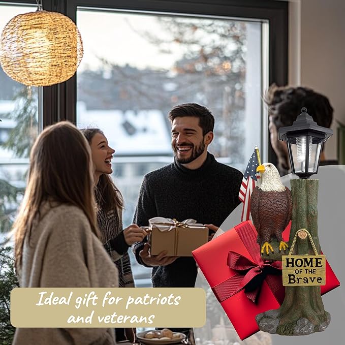 14x6 Inch Eagle Outdoor Solar Statue, Home of The Brave Outdoor Decorative Sculpture, Garden Decoration Outdoor Waterproof, Eagle Statue with American Flag for Patios, Yards, and Gardens