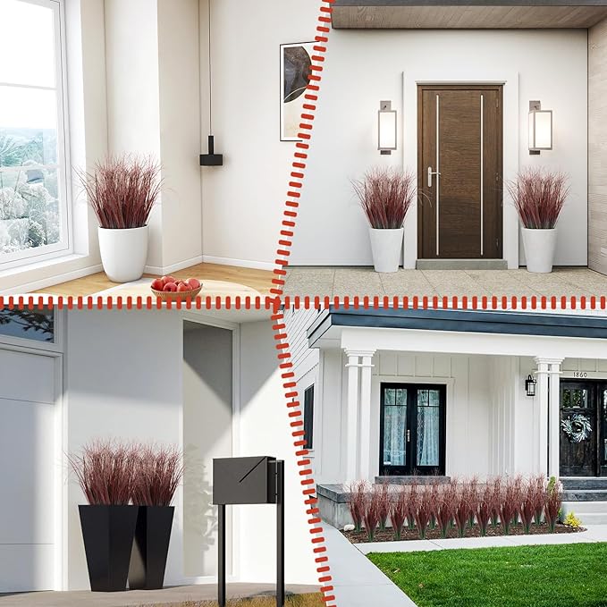 24Pcs Artificial Grass Plants, Faux Shrubs Wheat Grass, Artificial Tall Grasses Fake Plants for Outdoor Decor,Artificial Greenery Stems Weed for Room Indoor Home Decor(Red)
