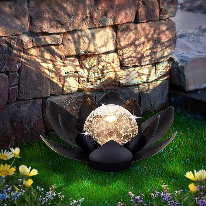 Huaxu Solar Lights Outdoor Garden Decor Metal Black Lotus Decoration, Crackle Globe Glass Waterproof LED Outside Table Lamp for Patio,Lawn, Yard,Walkway,Tabletop,Ground Gifts for Mom