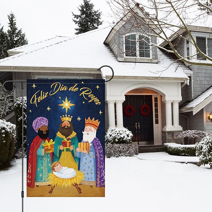 Heyfibro Feliz Dia De Reyes Garden Flag Three Kings Christmas Flags 12 x 18 Inch Double Sided Burlap,Nativity Christ Yard Banner for Xmas Winter Farmhouse Seasonal Decor(ONLY FLAG)