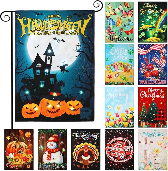 12 Pcs Solar Seasonal LED Garden Flags 12 x 18 Inch Double Sided Yard Flags Halloween Christmas Fall Thanksgiving Day Decorations Welcome Garden Holiday Yard Outside Lawn Decoration