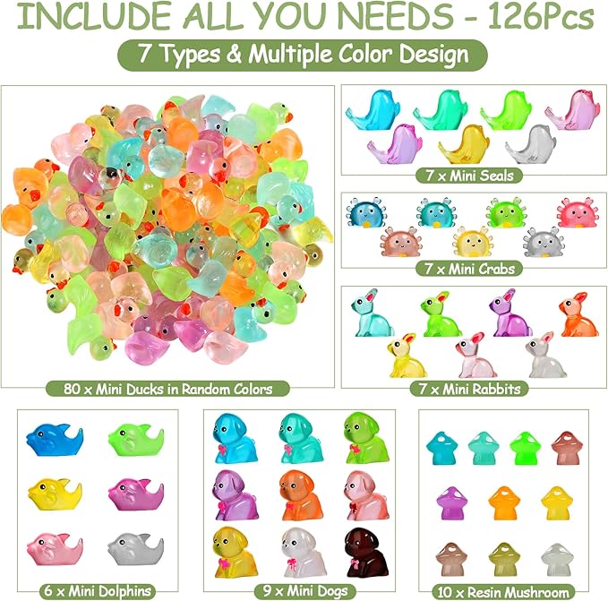126PCS Mini Resin Ducks Animals Luminous Tiny Duck Animals Bulk Figures to Hide Glow in The Dark for Miniature Fairy Garden Accessories Micro Landscape Aquarium Potted Ornament Outdoor Decor