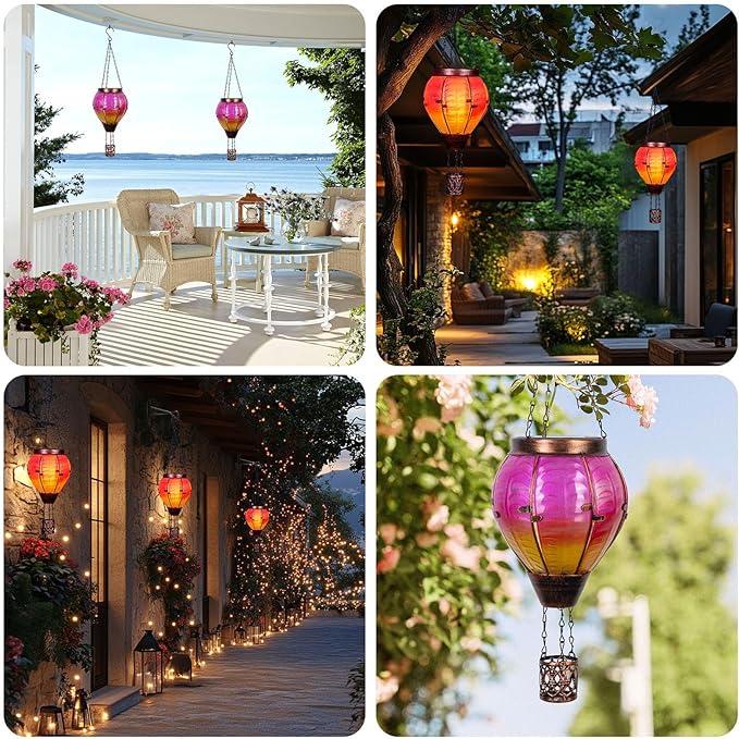 Hot Air Balloon Solar Lantern with Flickering Flame Light Outdoor Solar Hanging Lights Waterproof for Garden Yard Farmhouse Patio Pathway Outside Decoration, Pink&Orange