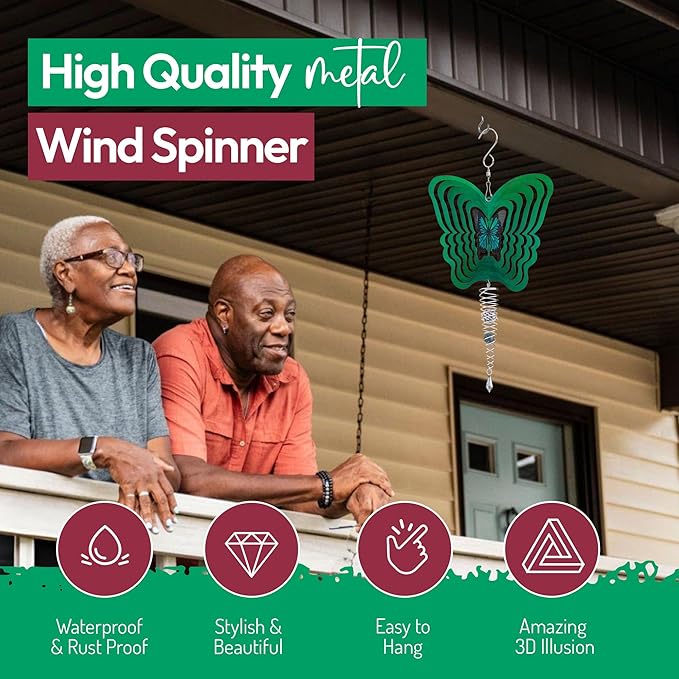 ISEO Butterfly Wind Spinner and Gazing Ball Set, Metal Wind Spinner Garden Decor, Hanging Garden Decorations, Weather-Resistant Outdoor Wind Spinners, 6.5" Spinner Garden Décor