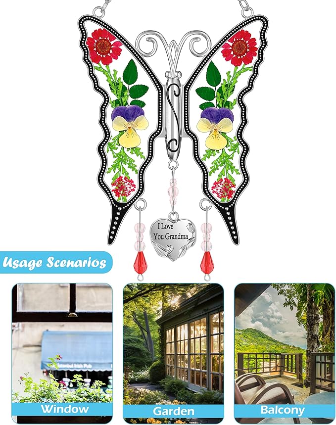 KY&BOSAM Gifts for Women I Love You Grandma Butterfly Suncatcher Stained Glass Suncatchers for Window Hanging Home Decor Garden Wind Chimes Birthday Gifts for Women Mothers Day Valentine's
