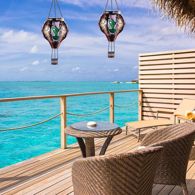 Hot Air Balloon Solar Lantern Outdoor - Flame Hanging Solar Light Waterproof Lanterns for Patio Garden Yard Farmhouse Decor, Great Gift(Hummingbird 2)