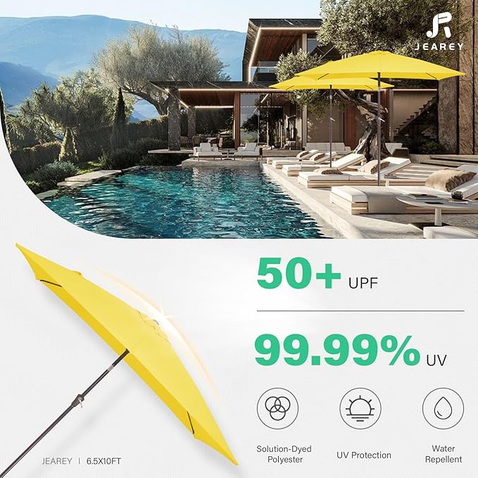 JEAREY 6.5x10 ft Rectangular Patio Umbrellas Outdoor Market Umbrella with Push Button Tilt and Crank, Rectangle Table Umbrella 6 Sturdy Ribs UV Protection for Pool Garden Backyard Deck, Yellow