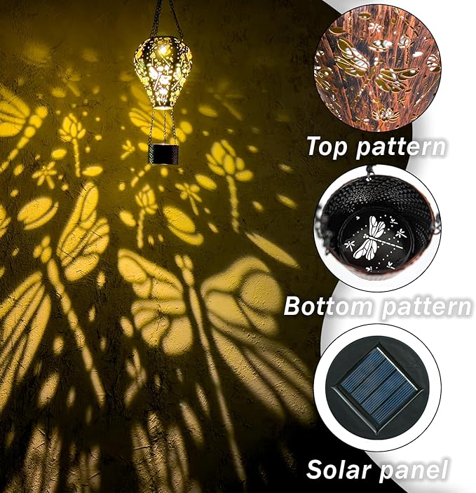 2-Pack Dragonfly Decor Hot Air Balloon Solar Lantern – Outside Decorative Hanging Light for Garden Yard Patio Porch Lawn and Pathway – Unique Housewarming, Birthday Gift for Women Mom Grandma