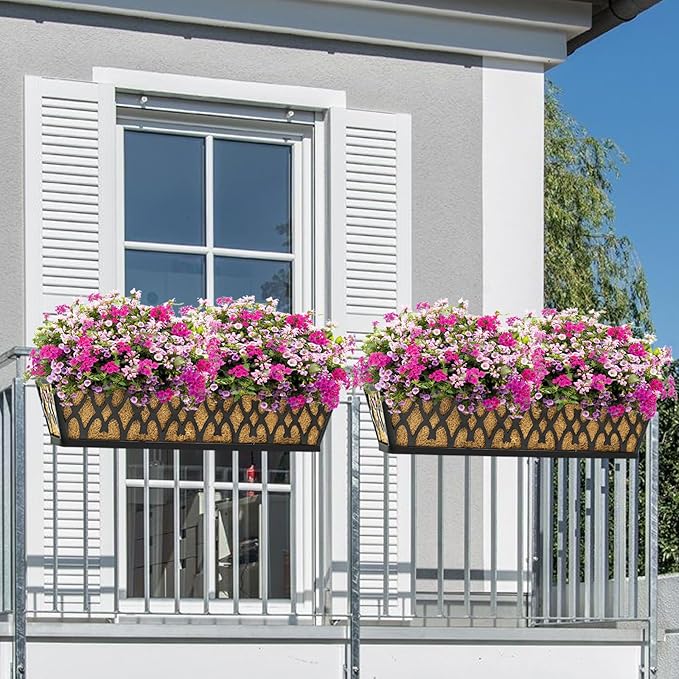 2 Pack 30 Inch Window Boxes Planters Railing Planter Box with Adjustable Brackets for Porch Fence Patio Balcony Hanging Flower Baskets with Coco Liners for Outdoor Garden Decor - Black
