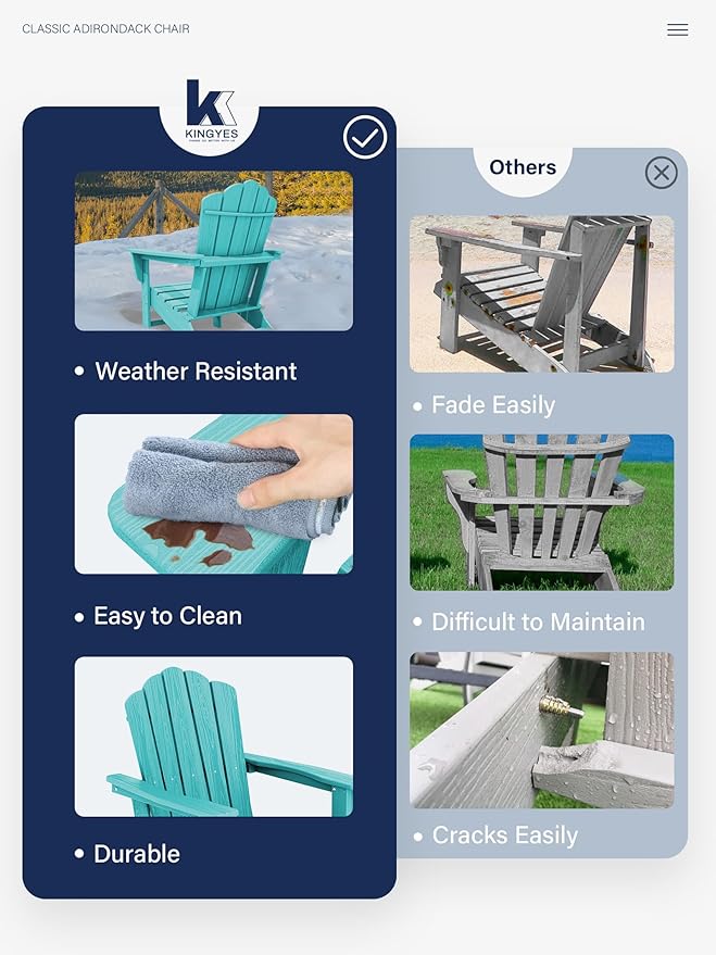 KINGYES HDPE Adirondack Chair, Classic for Patio Garden, Fire Pit, Backyard & Lawn Furniture, Easy Maintenance All Weather Adult Size Adirondack Chair, Crystal Blue