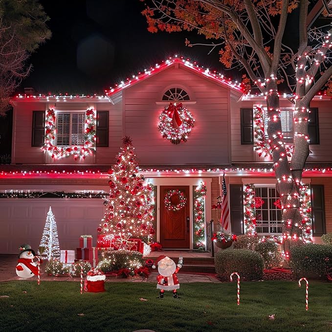 JMEXSUSS 2 Pack Red and White Solar Christmas Lights, Each 33FT 100 LED Solar String Lights Outdoor, Waterproof Solar Fairy Lights for Outside Christmas Decorations