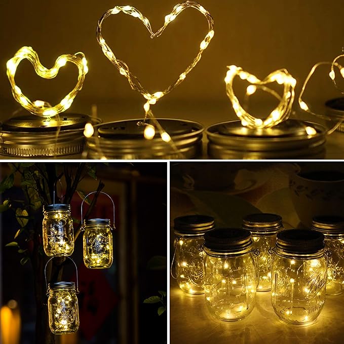 ZNYCYE Solar Mason Jar Lights 12 Pack 30 Led Fairy Lights Mason Jar Lids with Hanger (Jars Not Included) Best for Mason Jar Outdoor Christmas Decor for Patio Garden Yard and Lawn(Warm White)