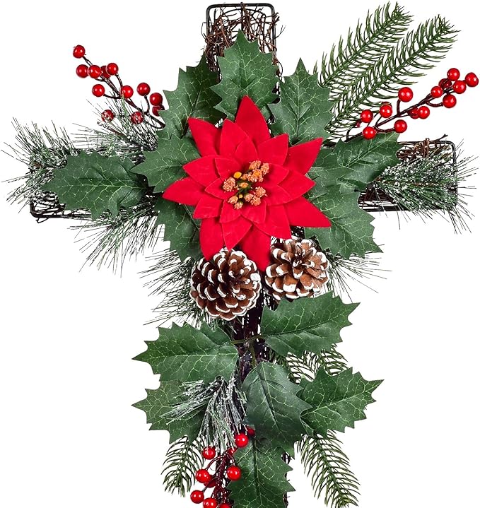 2 Pack Outdoor Solar Lights Christmas Decorations, Cross Stake Lights with Faux Poinsettia Pine Cones Red Berries and Foliage for Garden Patio Grave