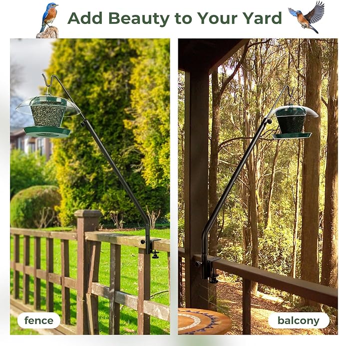 Kingsyard 2 Pack Heavy Duty Deck Hook, 27"-39" Adjustable Metal Deck Railing Hooks for Hanging Bird Feeders, Planters, Suet Baskets, Lanterns, Wind Chimes, Clamp Mounted