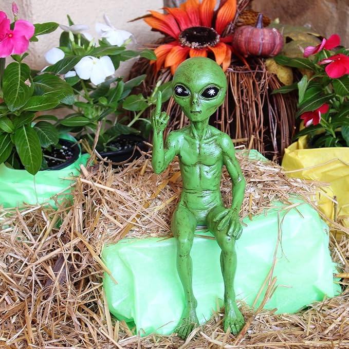 John Bernard & Company Rude Alien Statue “Flipping The Bird” 10″ H Shelf Sitter Extraterrestrial Figurine Funny Home or Garden Decoration (Cosmic Green)…