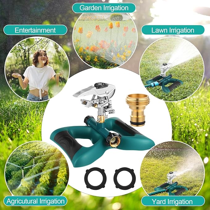 1 Packs Lawn Impact Sprinkler Heavy Duty Rotating Adjustable Pulsating Water Sprinkler Head with Metal Base, Adjustable Spraying Area and Distance for Large Area Garden Lawn Yard Irrigation
