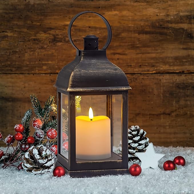 Vintage Lantern Decorative LED Flickering Flameless Candle with Timer, Battery Powered LED Decorative Hanging Golden Brushed Black Lanterns for Indoor Outdoor Garden Yard Home Decor(2 Pack)