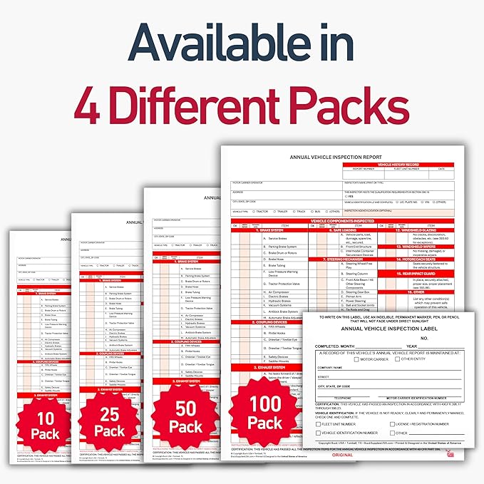 5 Pack 3-Ply Carbonless Annual Vehicle Inspection Report Forms with FMCSA 2-Ply Mylar Laminate Adhesive Vinyl Labels, DOT Inspection Forms and Stickers, Shrink-Wrapped, 8.5" x 11.75" - Made in USA