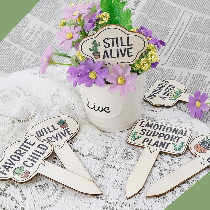 15pcs Funny Plant Signs Garden Markers Wooden Plant Labels Tab with Interesting Words Cute Patterns for Indoor and Outdoor Potted Used to Distinguish Potted Plants
