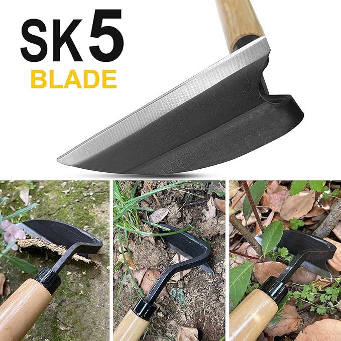 Japanese Weeding Sickle, Wide Blade Gardening Tools - Premium Quality Hand Hoes/Weeding Sickle Have Very Sharp Edge for Quick Work (Long Handle)