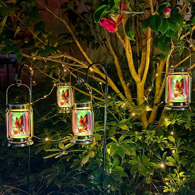 2 Pack Solar Fairy Lanterns for Garden Outdoor Decorations-Gifts for Mom Women Grandma,Outdoor Flower Fairies Silver Glass Mason Jars,Hanging Lamp with Stake for Home Yard Patio Lawn Party