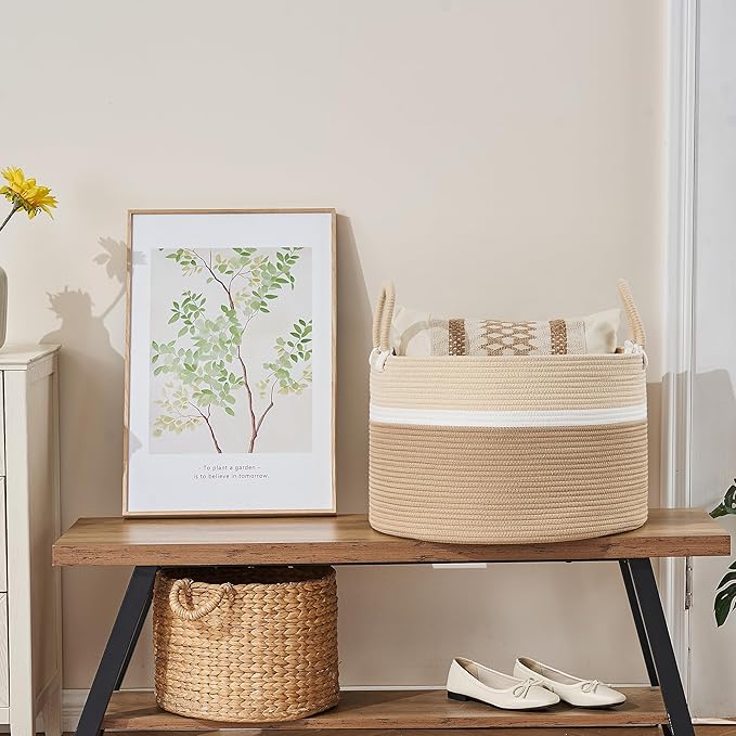 KAKAMAY Large Blanket Basket (20"x13"),Woven Baskets for storage Baby Laundry Hamper, Cotton Rope Blanket Basket for Living Room, Laundry, Nursery, Pillows, Baby Toy chest (White and Brown)