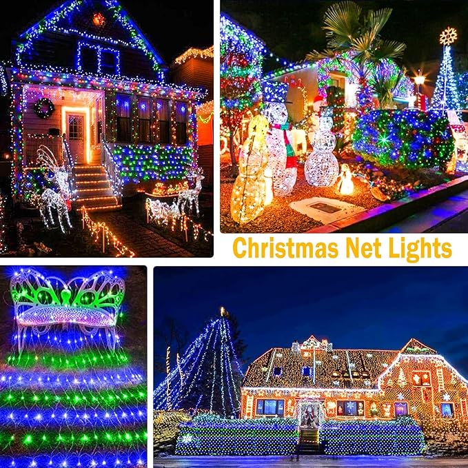 KNONEW 2-Pack 360 LEDs Christmas Net Lights 13ft x 9.8ft Outdoor Mesh Lights Connectable Waterproof 8 Modes & Timer Plug-in Net Fairy Lights for Bushes Garden Party Wedding Holiday,Blue and Green
