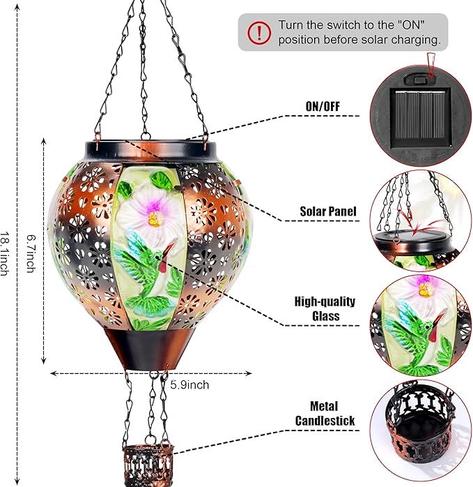 Hummingbird Solar Hot Air Balloon Lantern with Flame, Hot Air Balloon Decorations for Garden Yard Porch Decor, Glass Large Hanging Outdoor Decor, Solar Lantern Waterproof, Hummingbird Gardening Gifts