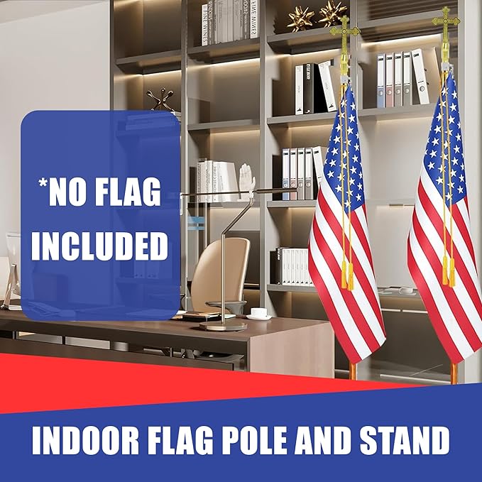 Super Tough Indoor Flag Pole kit 8ft -Fancy Cross Plastic -Gold Texture Base - Aluminum Flagpole with Brass Finish - Heavy Duty Inside House Flagstaff - Interior Shaft and Stand - No Ensign Included