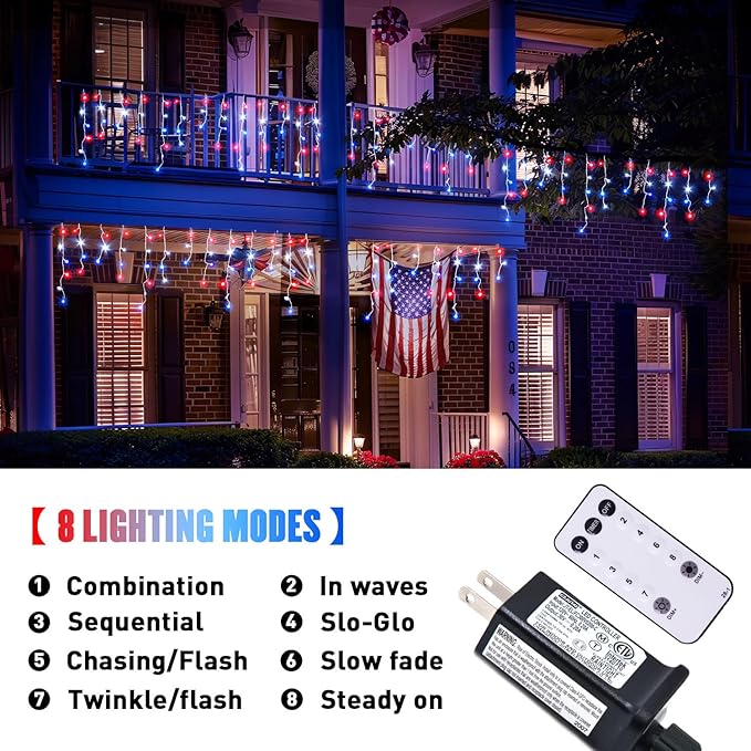 JMEXSUSS Icicle Lights for 4th of July Decor, 400 LED Red White and Blue Icicle Lights for Outside, 38.8 Ft Independence Day Icicle String Lights Indoor Outdoor Holiday Christmas American Flag Decor