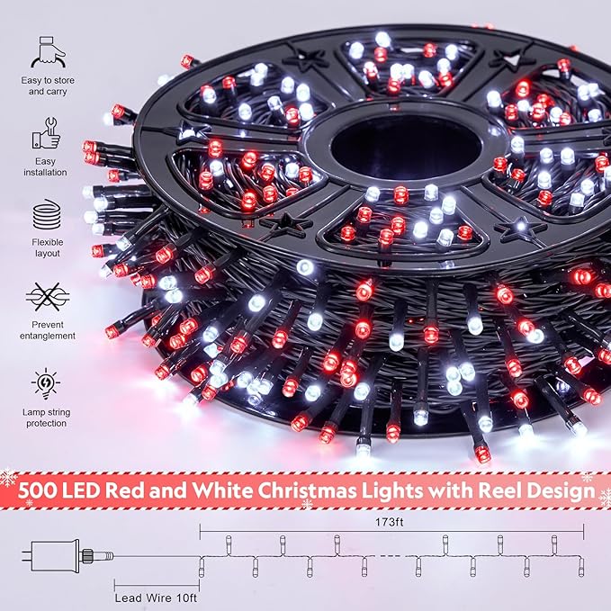 JMEXSUSS 500 LED Red and White Christmas Lights, 173ft 8 Modes Christmas String Lights Outdoor Waterproof Plug in Christmas Tree Lights for House Xmas Tree Party Holiday Decor