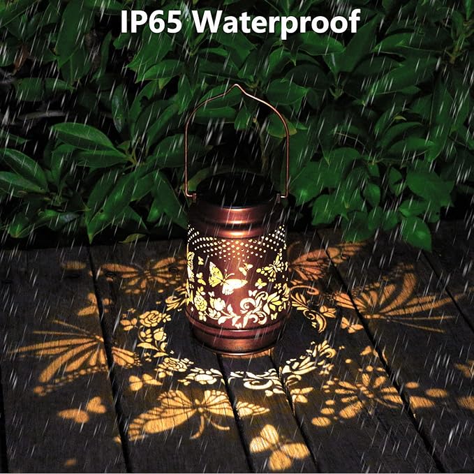 2 Pack Solar Butterfly Lanterns Outdoor Hanging Decor Lantern,Waterproof Hollow Out Retro Metal Decorative Garden Light,Graceful Decoration for Patio,Yard,Landscape,Festival