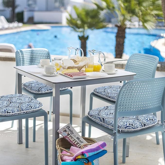 Indoor/Outdoor Chair Cushions 16x17 Inch, Patio Chair Cushions with Ties, All Weather Seat Cushions for Patio Furniture Home Garden Chair Use, Set of 4,Medallion Blue