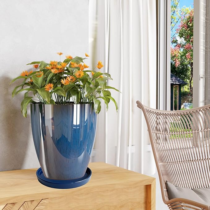 Ceramic Plant Saucer Pot Tray 12 Inch, Planter Saucers 4 5 6 7 8 9 10 11 12 Inch for Indoors Outdoor, Durable Sturdy Flower Drainage Tray for Glazed Pots Base (12.5 Inch-Blue)