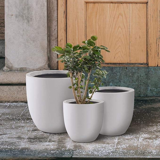 Kante 18",14",10" Dia Concrete Round Planters (Set of 3), Outdoor Indoor Large Planter Pots with Drainage Hole and Rubber Plug for Home Patio Garden, Pure White