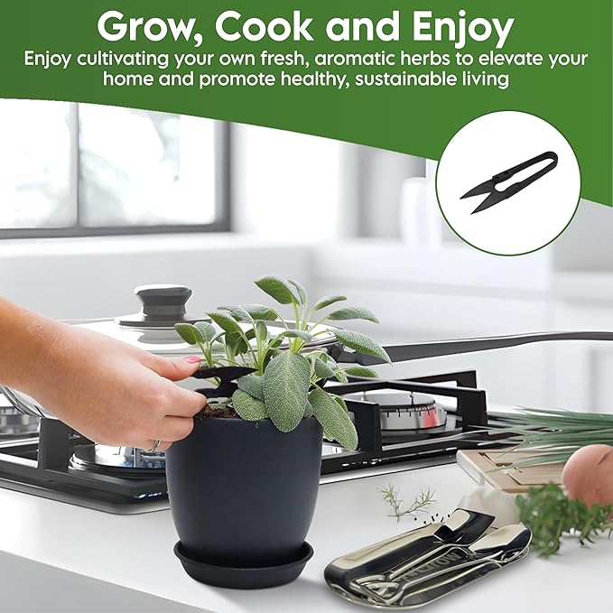 Indoor Garden Kit - Plant Pots with Drainage, Watering Can & Tools - Ideal Windowsill Planter Set - Modern Home & Kitchen Decor Gift - Black