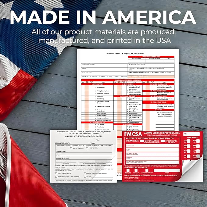 100 Pack 3-Ply Carbonless Annual Vehicle Inspection Report Forms with FMCSA Red Aluminum Labels & White Mylar Laminate Vinyl Labels, DOT Inspection Forms and Stickers, Shrink-Wrapped, 8.5" x 11.75"