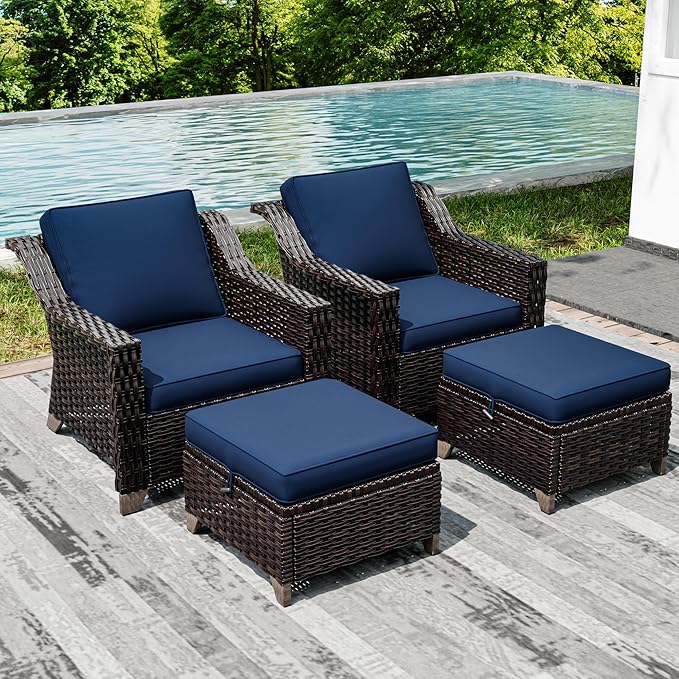 Joyside Wicker Patio Furniture Sets, 4 Pieces Upgraded Large Size Outdoor Furniture with Patio Dining Chairs and Outdoor Ottoman, Thick Cushions, Wide Armrest