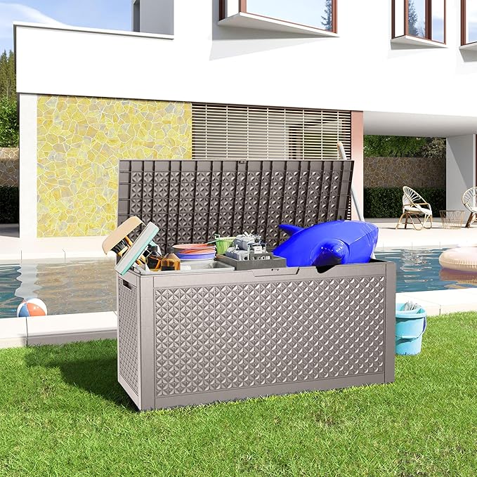 100 Gallon Outdoor Storage Box - Deck Box Waterproof Patio Furniture, Garden Tools, Cushions, Pool Accessories Outside Storage Resin Box