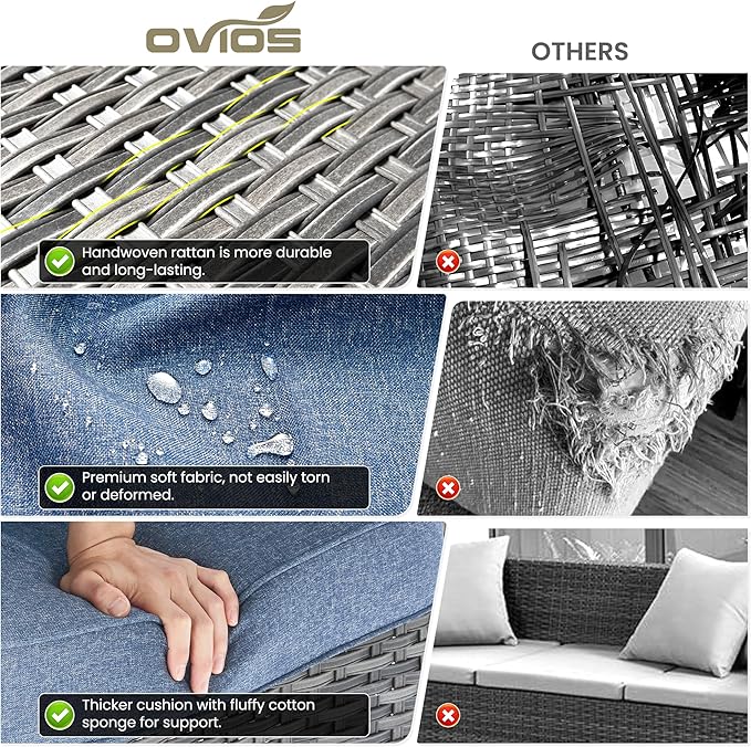 ovios 5 Pieces Patio Furniture Set with 30" Fire Pit Table, Outdoor Wicker Sofa with Loveseat, Comfy Cushions, High Back Couch Conversation Set, Grey Rattan, Denim Blue