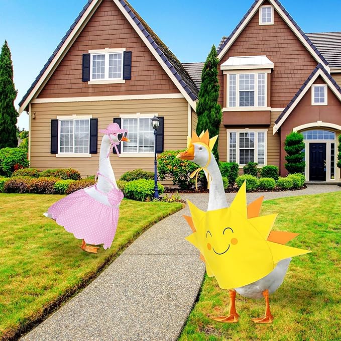 2 Set Hawaiian Luau Porch Goose Outfit for Lawn 23'' Plastic Goose Clothes Costume Summer Outdoor Decor(Sunny Style)