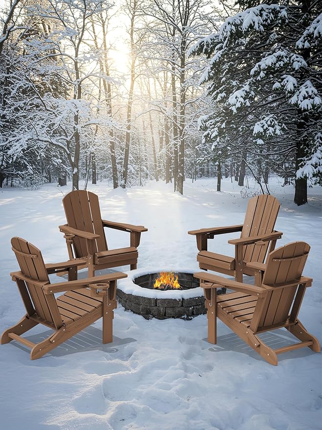 KINGYES Folding Adirondack Chair Set of 8, Dual Cup Holders & All-Weather HDPE, Wood-Like Patio Chair for Backyard, Camping, Pool & Fire Pit, Brown