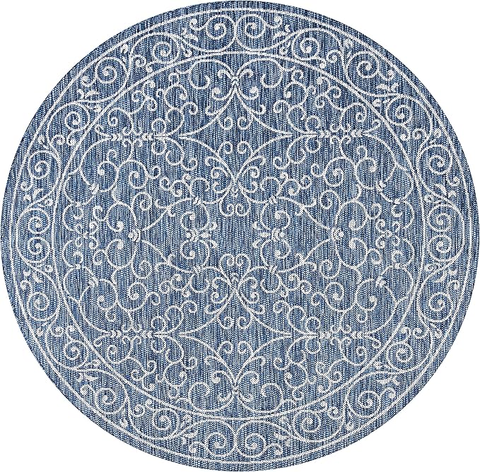JONATHAN Y SMB106D-4R Charleston Vintage Filigree Textured Weave Navy/Gray 4' Round Indoor/Outdoor Area Rug, Pet Friendly, Non-Shedding, Stain Resistant, Easy-Cleaning for Backyard, Patio, Porch