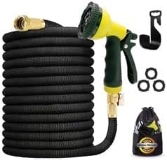 J&B XpandaHose 50ft Expandable Garden Hose with Holder - Heavy Duty Superior Strength 3750D - 4 -Layer Latex Core - Extra Strong Brass Connectors and 10 Spray Nozzle w/Storage Bag (Black 50)