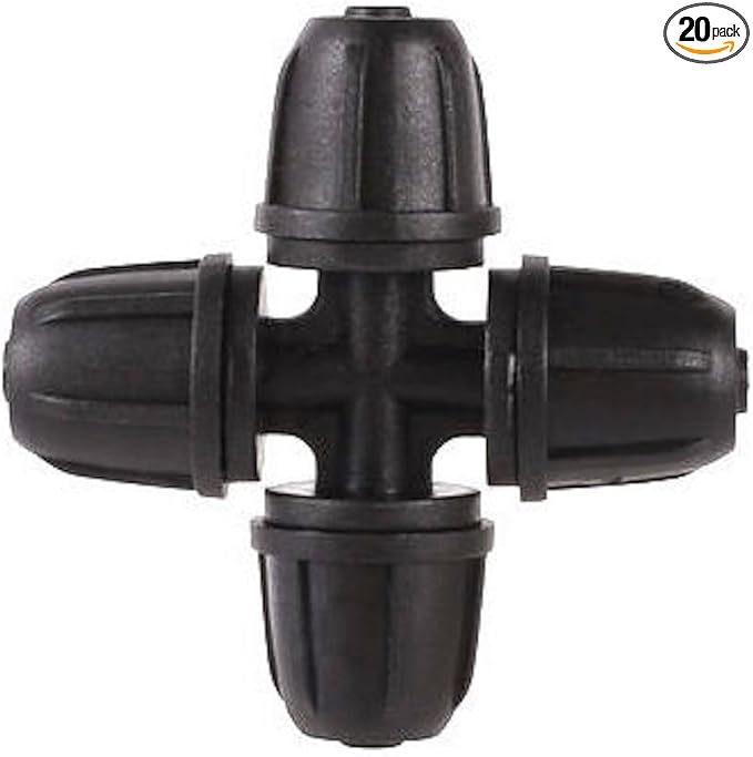 20-Pack Quick-Connect Locking 1/4" Drip Irrigation Tee 4-Way Cross, Upgraded Coupling Connectors, Tee Fittings for 1/4 Inch Irrigation Tubing, Drip Kit (Cross - 20 Pack)