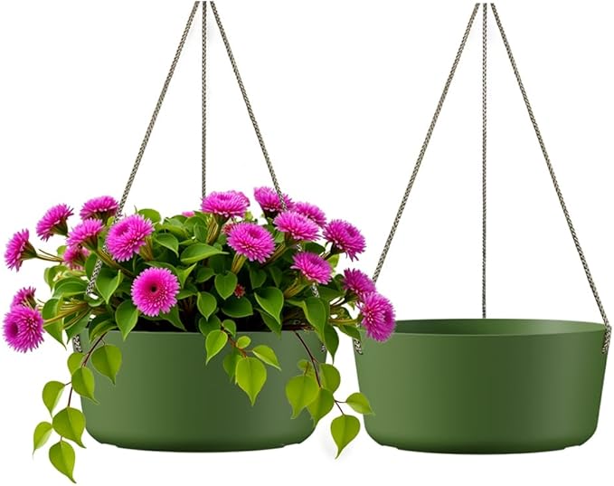 10.7 Inch Hanging Planter for Outdoor Indoor Plants，2 Pack Hanging Flower Pots with Drain Holes for Garden Home Decor Use (Dark Green)